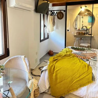 Imagen de Frida en la que puede observar la televisión de pantalla plana en la pared y el aire acondicionado al lado.