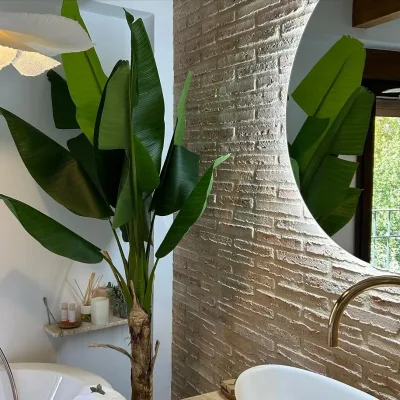 Imagen del espejo redondo con luces y una planta al lado de la bañera hidromasajes.